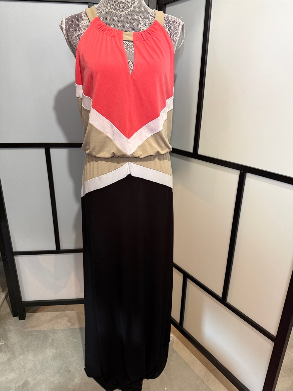 London Style Coral, Beige, White & Black Colorblock Maxi Dress